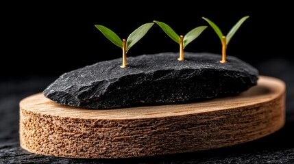 Three green sprouts emerging from a black stone on a wooden base