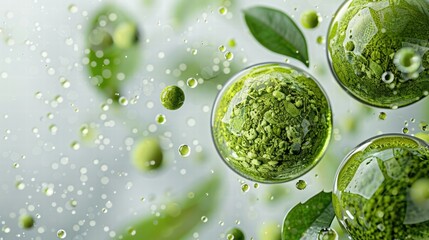 A vibrant, abstract image featuring green spheres with textures, surrounded by leaves and bubbles, evoking a sense of nature and freshness.