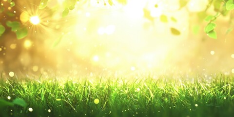 Obraz premium Green grass field bathed in bright golden sunlight shining through leaves