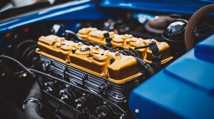 Close-up of a vintage car engine with a vibrant yellow valve cover