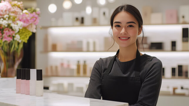 Young cosmetic store receptionist with a smile on her face