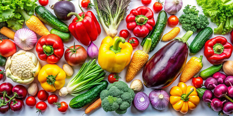 Fresh Organic Fruits and Vegetables Arranged on White Background