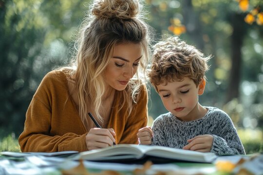 Young mother and a cute boy in a park, mum is kissing her son, rewarding his good work he is writing in a book.Young female tutor mom teacher doing homework with her son, Generative AI