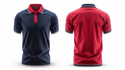 A stylish polo shirt displayed from both front and back, featuring contrasting colors of navy blue and red with a modern design.