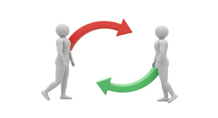 Isolated Stick Figures Exchanging Green and Red Arrows Representing Transfer