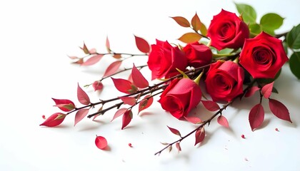 A beautiful arrangement of red roses. The roses are arranged in a cascading manner, with the stems and leaves overlapping each other. The stems are dark brown and appear to be made of twigs or branch