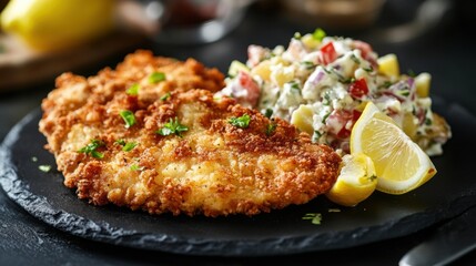 hot and crispy plate of chicken schnitzel with a side of potato salad