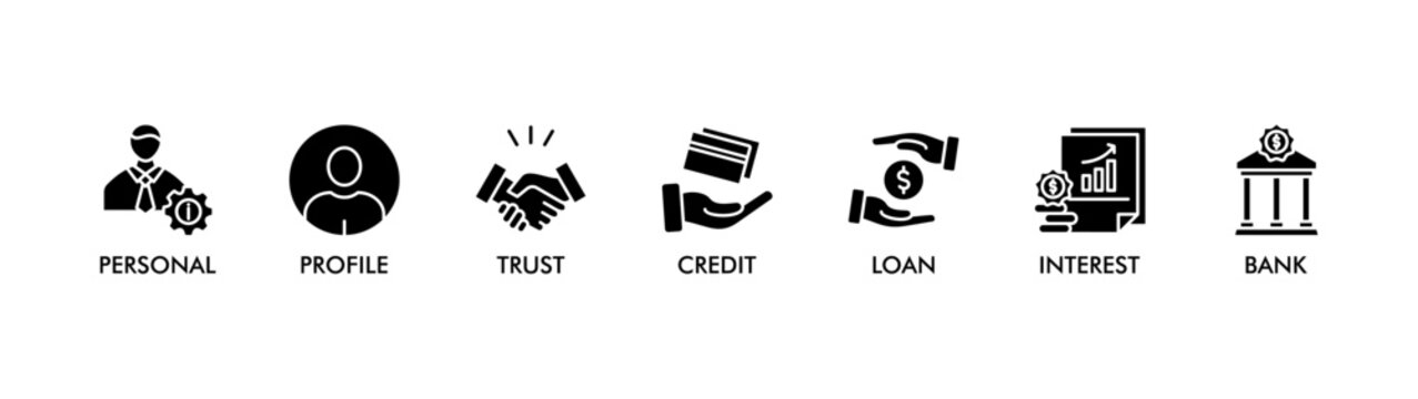 MICROCREDIT banner web icon vector illustration concept with icon of personal, profile, trust, credit, loan, interest and bank