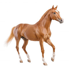 Obraz premium A majestic horse in mid-stride showcasing its powerful build and beautiful coat. Perfectly captured against a white isolation background for focus and clarity.