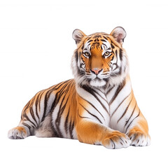 Obraz premium A majestic tiger resting gracefully, showcasing its striking orange and black stripes against a white isolated background.