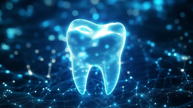 A digital tooth model is displayed with glowing blue effects and intricate network patterns, illustrating dental technology and innovation
