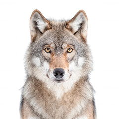 Fototapeta premium A majestic wolf with striking features and a captivating gaze, showcased on a white isolated background.