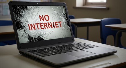 Broken laptop displaying 'No Internet' in classroom, symbolizing digital barriers
