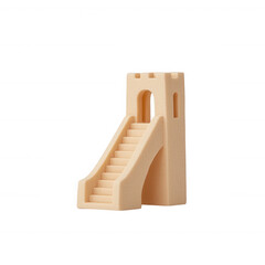 A minimalist plastic castle tower with stairs on a white isolated background, ideal for design projects and creative concepts.
