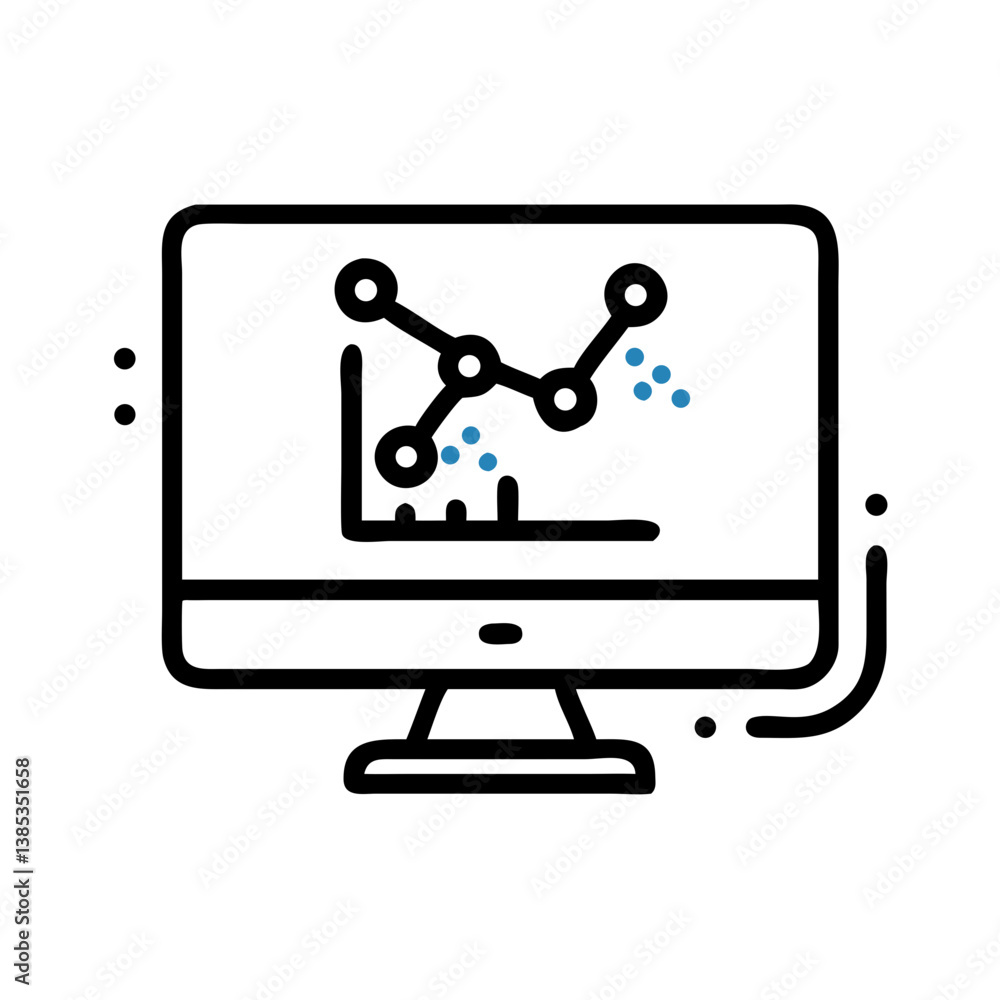 Poster computer with data analytics and graph on screen icon
