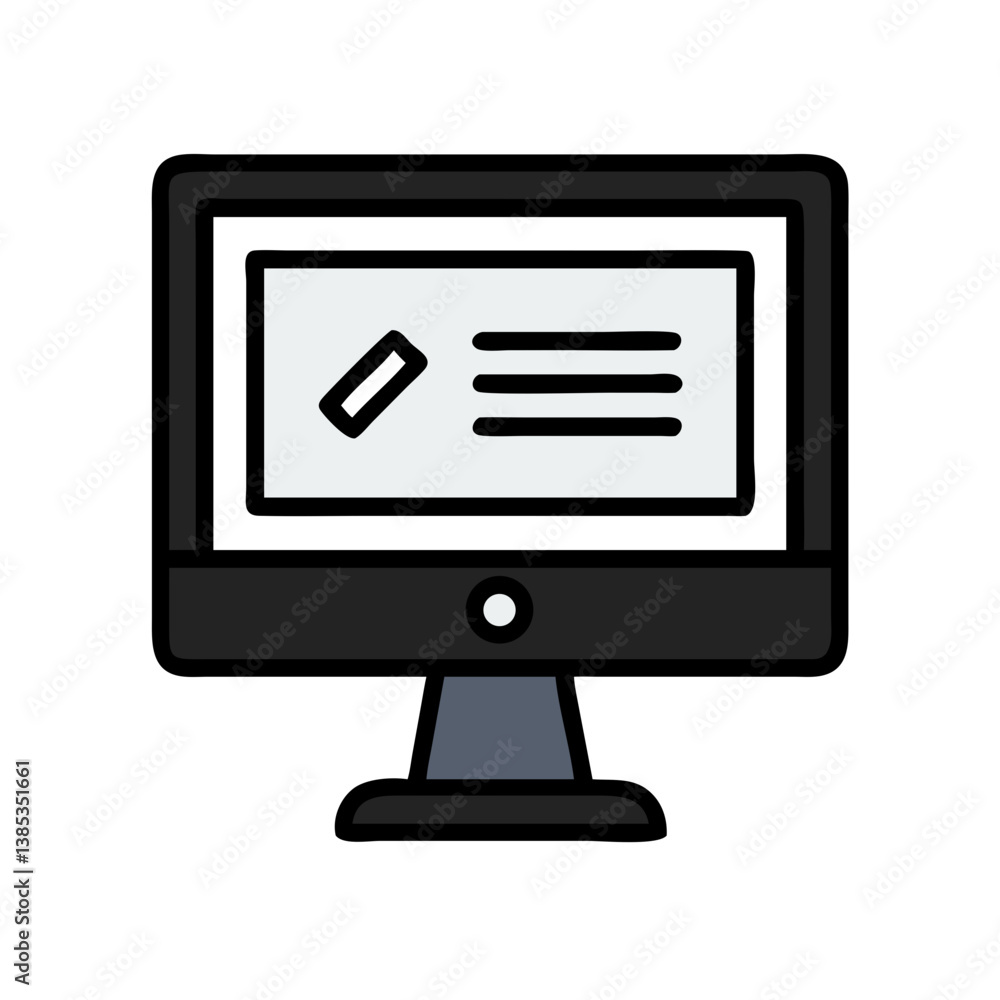 Poster desktop computer with document and pencil on screen icon
