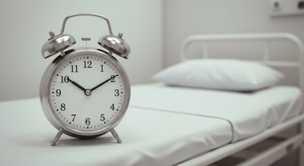 Naklejka premium Waiting for medical treatment, a clock ticks on the hospital bed symbolizes delays