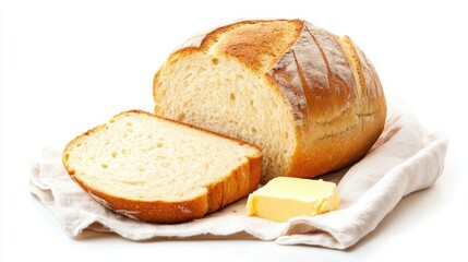 A rustic loaf of fresh-baked bread with a slice cut. Featuring warmth and home-baked goodness