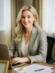 Young blond businesswoman in a gray blazer smiles while working on her laptop in a bright office