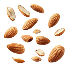 Whole and split almonds in closeup with natural texture on transparent background