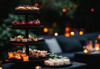 Elegant Three-Tiered Stand with Mini Sandwiches and Canapés at Wedding