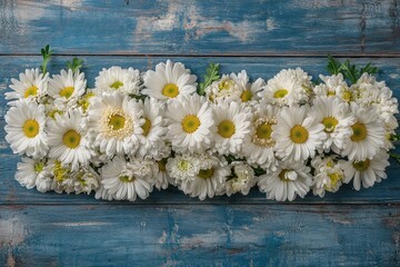 Obraz premium White flowers delicately arranged across a distressed blue wooden surface