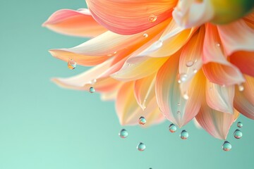 Fototapeta premium A colorful dahlia flower floating in mid-air, with water droplets on petal edges, captured in macro photography against a light green background.
