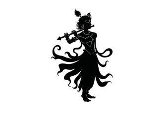 Silhouette of krishna playing flute in a graceful pose