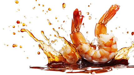 A close-up of two shrimps splashing in soy sauce, cut out on white, highlighting the rich soy sauce splashes and the texture of the juicy shrimp.
