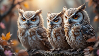 Obraz premium Three Owls Perched on Branch Looking Forward in Forest Setting
