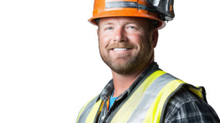 A close-up portrait of a construction worker in a helmet and safety vest, smiling confidently, Transparent background, PNG file, reflecting professionalism and safety.