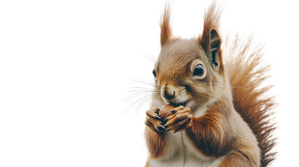 Fototapeta premium A close-up portrait of a red squirrel standing and eating nuts, isolated on a clean white background, showcasing its fluffy tail and detailed features.