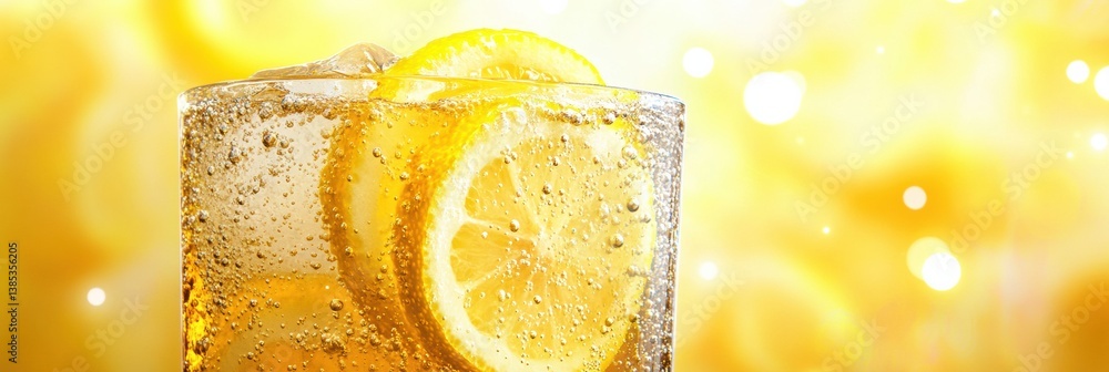 Poster Refreshing ice-cold soda in a glass with fizzy bubbles and lemon slices on a bright background showcasing ultra-detailed liquid effects during summer
