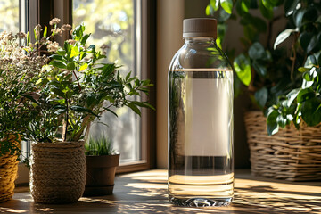 Elegant blank water bottle mockup with transparent label for customization