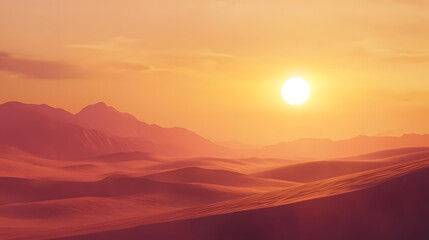 Fototapeta premium Desert Sunset: A breathtaking sunset over a vast desert landscape, with the sun's warm light casting a golden hue on the rolling sand dunes and distant mountains.