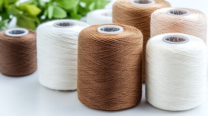 Spools of Natural Cotton and Brown Yarn for Knitting and Crochet Projects