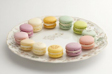 Obraz premium A selection of colorful macarons on an elegant dessert plate. Featuring charm and elegance