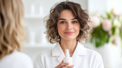 Smiling Woman Holding Skincare Product in Bright Room with Soft Lighting and Plants in Background