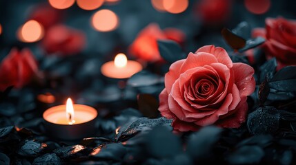 Fototapeta premium Red rose with candles, remembrance, dark background, sympathy card