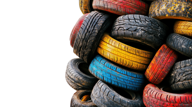 A collection of tires stacked on top of each other, Transparent background, PNG file, captured in a PNG file format with transparent edges, highlighting the tire texture.