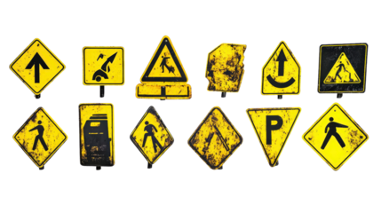 A collection of yellow street signs cut out on white, featuring different shapes and sizes of traffic signs, all in vibrant yellow, with bold black markings.