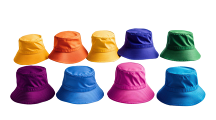 A collection set of bucket hats in various colors, Transparent background, PNG file, showcasing the vibrant diversity of hats arranged neatly.