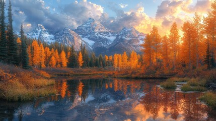 Fototapeta premium Autumn sunrise over mountain lake reflecting golden aspens