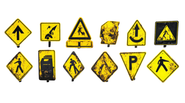 A collection of yellow street signs cut out on white, featuring different shapes and sizes of traffic signs, all in vibrant yellow, with bold black markings.