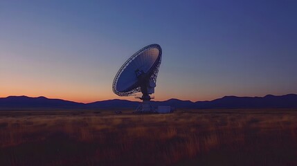 Obraz premium Serene Desert Sunset with Satellite Dish Silhouetted Against Vibrant Sky - Stunning Twilight Landscape for Astronomy, Technology, and Nature Enthusiasts