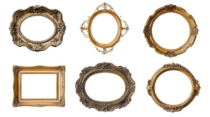 A collection set of round vintage picture frames Transparent background, PNG file, showcasing different intricate designs and frame finishes.