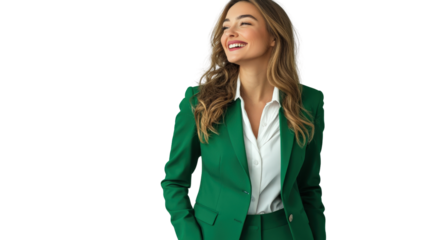 A confident and smiling businesswoman dressed in a green suit, Transparent background, PNG file, showcasing a modern and approachable business look.