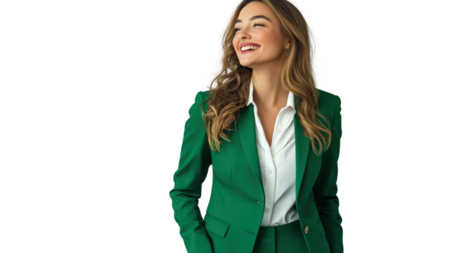 A confident and smiling businesswoman dressed in a green suit, Transparent background, PNG file, showcasing a modern and approachable business look.