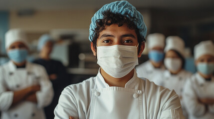 Portrait of a chef wearing a mask and hairnet with other chefs in the background at the kitchen