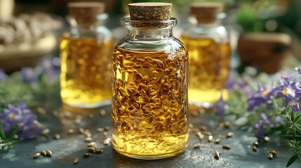 Golden Herbal Oil in Glass Bottles with Seeds and Flowers Natural Remedy Spa Wellness